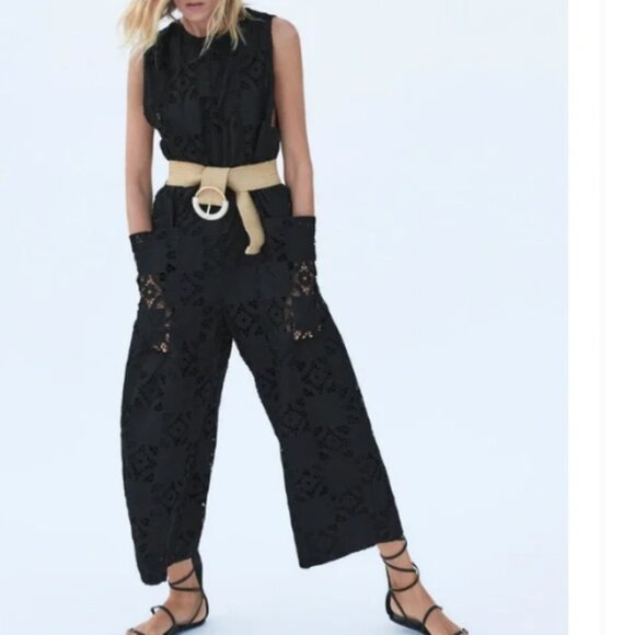 Zara black embroidered eyelet jumpsuit NWT, XS - Picture 1 of 14